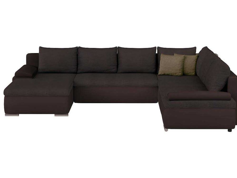 Sofa Panoramico | Vente-unique Sofa De Canto Panoramico Convertivel Em Cama E Reversivel Em Pele Sintetica E Tecido Castanho - Dakota