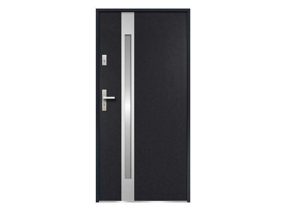 Porta De Entrada | Vente-unique Porta De Entrada Em Aco Envidracado Com Inox De A.207 X L.100 Cm Cor Antracite Com Abertura Para A Direita - Braga