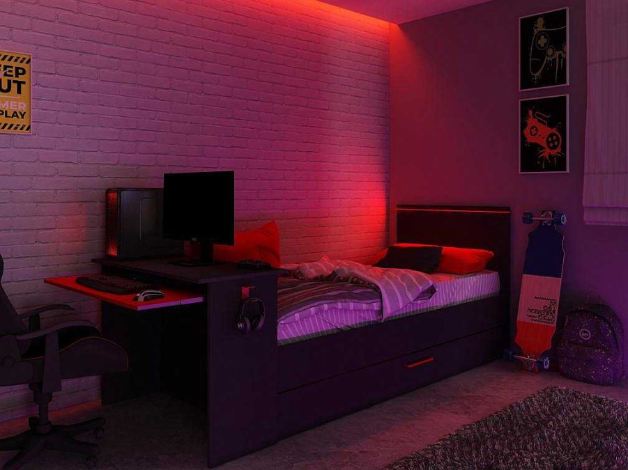 Cama Dupla | Vente-unique Cama Dupla Gamer 2 X 90 X 200 Com Secretaria E Leds, Antracite E Vermelho + Sommier - Vouani