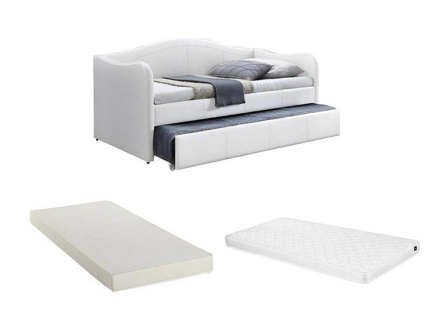 Cama Dupla | Vente-unique Cama Dupla Diva 2X90X190 Cm Em Pele Sintetica Branco + Colchoes - Mathilde