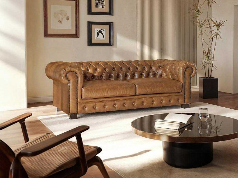 Promocoes Sofas & Poltronas | LINEA SOFA Sofa Chesterfield 3 Lugares Brenton 100% Pele De Bufalo Superior Cor Caramelo Vintage