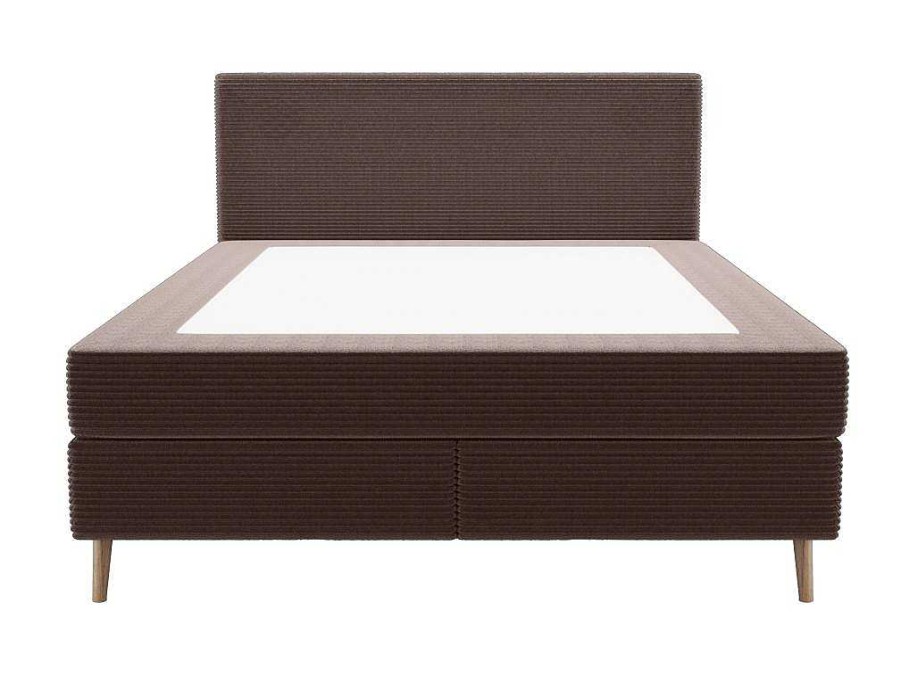 Cama Boxspring, Cama Continental | Ysmée Conjunto Completo Boxspring Com Cabeceira + Sommier + Colchao + Sobrecolchao 160 X 200 Cm Veludo Canelado Castanho - Nara De Ysmee