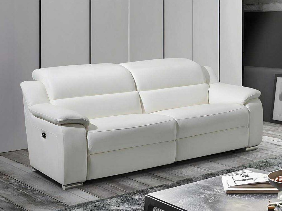 Sofa De Relaxamento Eletrico | Vente-unique Sofa De 3 Lugares Relax Electrico Em Pele Marfim - Arena Iii