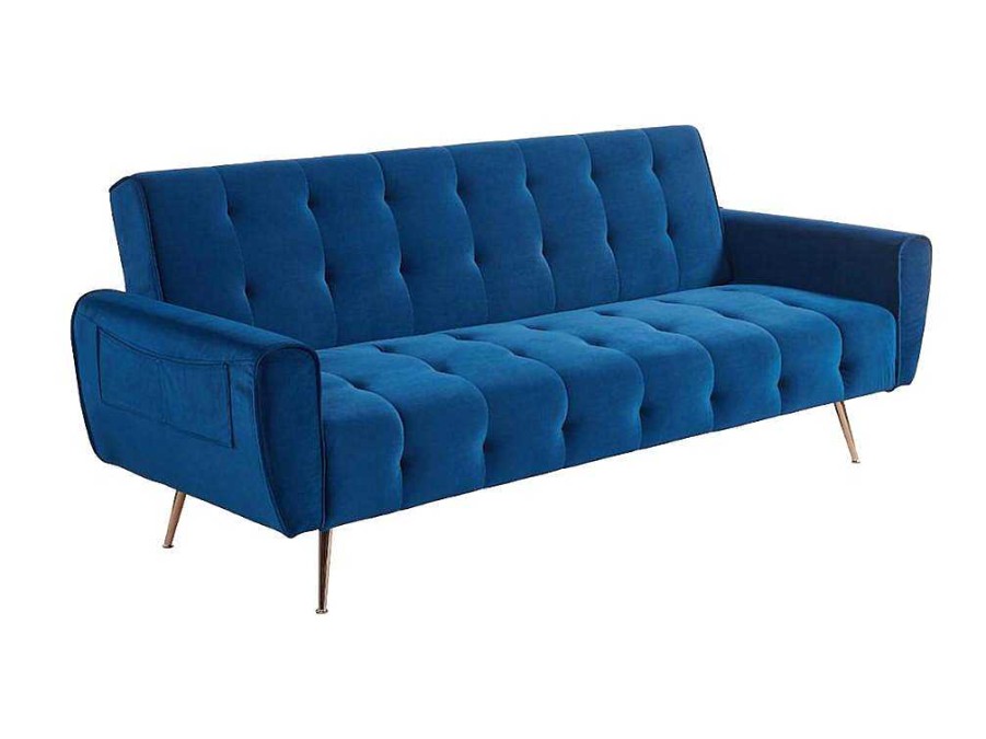 Sofa Cama Clic-Clac E Dobravel | Vente-unique Sofa Cama Clic Calc De 3 Lugares Em Veludo Azul Escuro - Polani