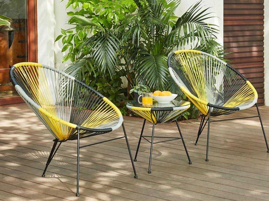 Conjunto Relax De Jardim | MYLIA Mobiliario De Jardim De Fibra De Resina Entrancada - Amarelo, Cinzento, Preto: 2 Cadeiras E Uma Mesa - Alios Ii