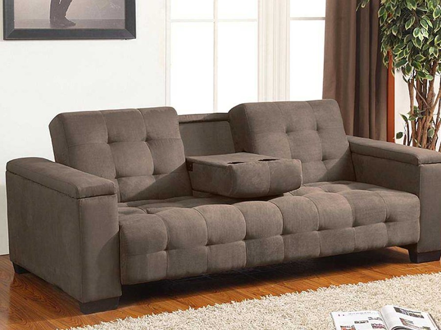 Sofa Cama Clic-Clac E Dobravel | Vente-unique Sofa Cama Clic Clac De 3 Lugares Em Microfibra Com Mesinha De Centro Rebativel Castanho - Devonshire