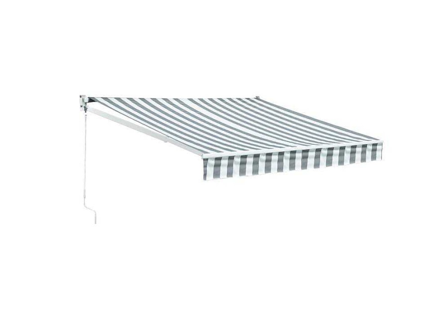 Toldo E Persiana De Exterior | Happy Garden Toldo Saule 2,95 2,5M - Tecido Listrado Branco/Cinzento E Estrutura Branca