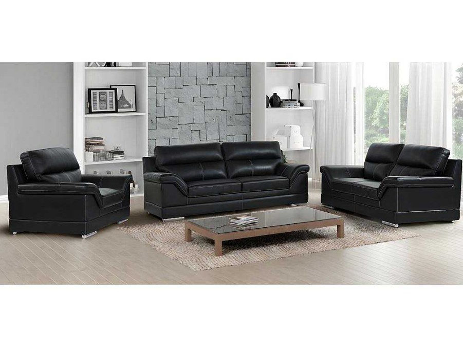 Conjunto Sofa E Poltrona | Vente-unique Sofa De 3+2+1 Lugares Em Pele Preto - Monika