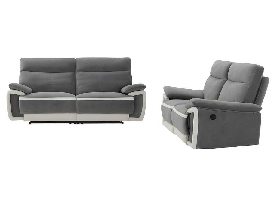 Conjunto De Sofa | Vente-unique Sofas De 3+2 Lugares Articulados Eletricos Em Veludo - Cinza E Faixas Branco Cru - Metti