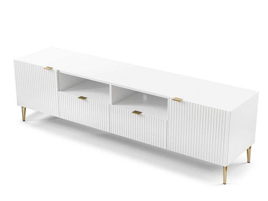 Movel De Tv | Vente-unique Movel De Tv Com 2 Portas, 2 Gavetas E 2 Nichos Em Mdf E Aco Branco E Dourado - Yesinia