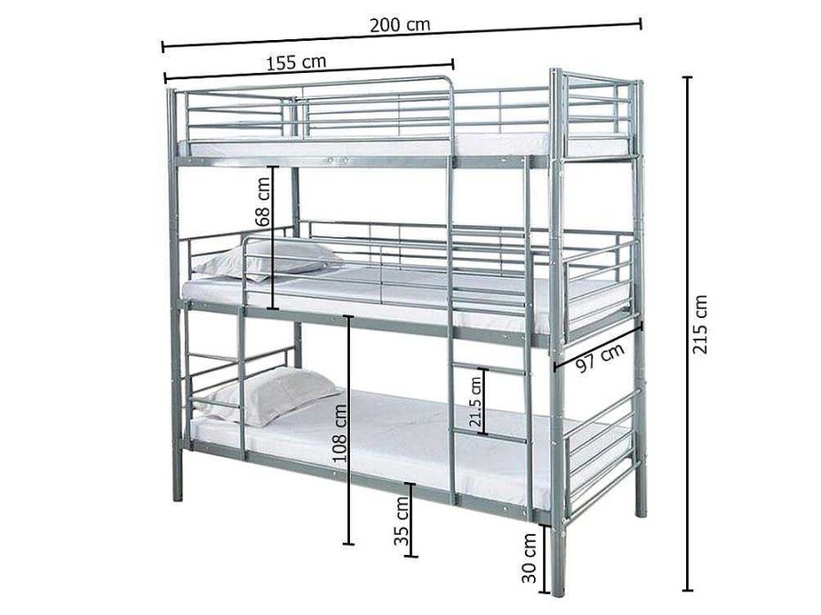 Beliche | Saldosystocks Beliche Triplo Com Estrutura Em Metal Preto, 215X200X97Cm