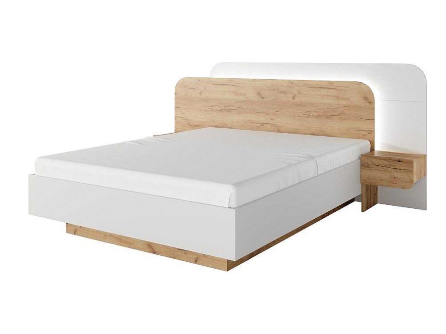 Cama De Adulto | Vente-unique Cama Com Mesas De Cabeceira 160X200 Cm, Com Leds, Cor Natural E Branco - Desado