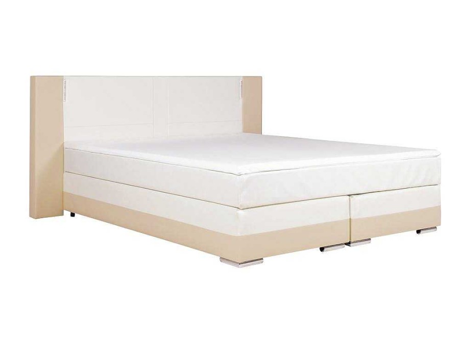 Cama Boxspring, Cama Continental | Ysmée Conjunto Boxspring Completo - Cabeceira Com Leds + Sommiers + Colchao + Sobrecolchao Asti - 160X 200 Cm - Pele Sintetica - Creme E Branco