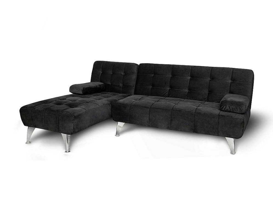 Sofa Cama Clic-Clac E Dobravel | Saldosystocks Sofa Chaise Longue Aroa-Xs, Veludo De 3 Lugares Conversivel Em Cama, Cor Preta, 198X150Cm