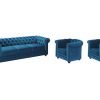 Conjunto Sofa E Poltrona | Vente-unique Sofa De 3 Lugares E 2 Cadeiroes Chesterfield - Veludo Azul Esverdeado