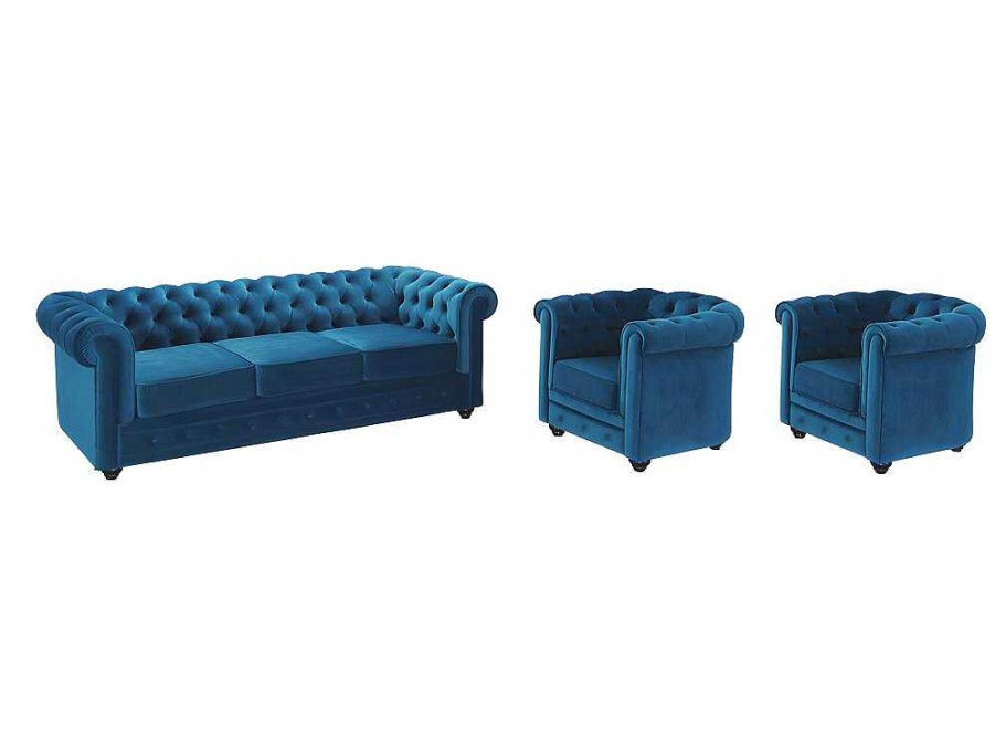 Conjunto Sofa E Poltrona | Vente-unique Sofa De 3 Lugares E 2 Cadeiroes Chesterfield - Veludo Azul Esverdeado