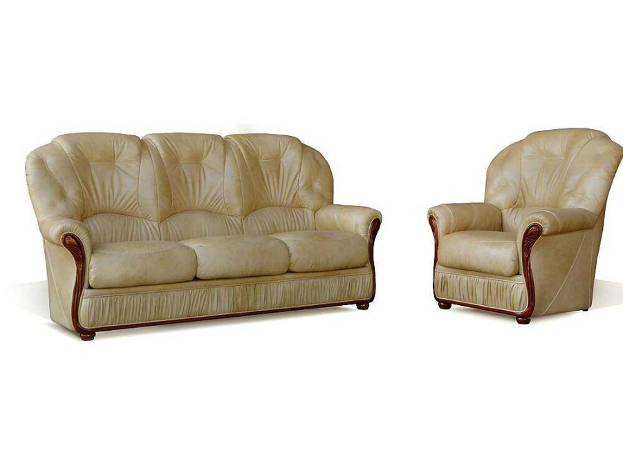 Conjunto Sofa E Poltrona | Vente-unique Sofa De 3+1 Lugares 100% Couro De Bufalo Bege - Daphne