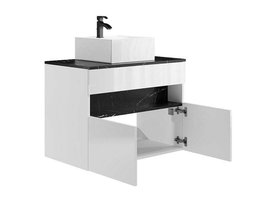 Movel Lavatorio Individual | Vente-unique Movel De Casa De Banho Suspenso Com Leds E Lavatorio De Pousar, Branco E Preto Efeito Marmore C80 Cm - Pozega