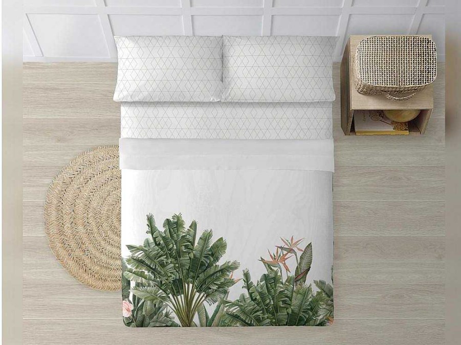 Roupa De Cama | Purline Drap De Dessus 100% Coton 1 Piece Blanc A Motifs Jungle 240X240