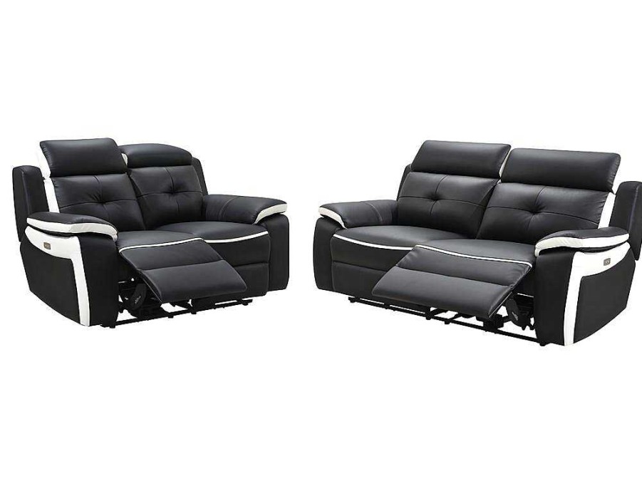 Conjunto De Sofa | Vente-unique Sofa De 3+2 Lugares Relax Eletrico Em Pele Preto E Branco - Angelique