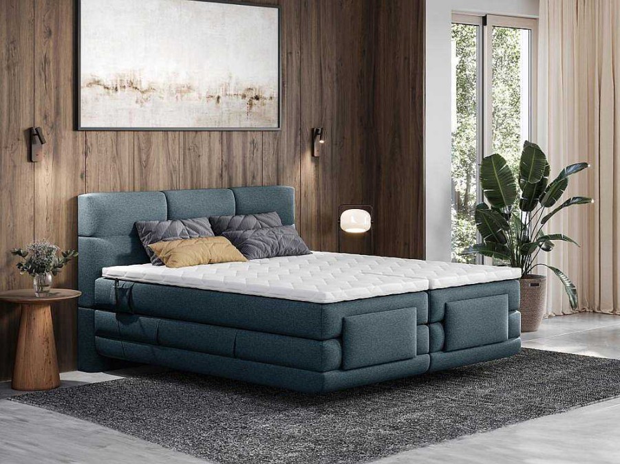 Cama Articulada | Palacio Conjunto Completo Boxspring Cabeceira De Cama Acolchoada + Sommiers Articulados Eletricos + Colchao + Sobrecolchao 2X90X200 Cm Tecido Azul - Lodi De Palacio