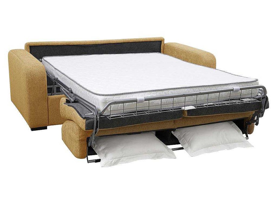 Sofa Cama De Abertura Rapida | Vente-unique Sofa De 3 Lugares Convertivel De Abertura Rapida Em Tecido Cor Amarelo Mostarda Bevis - Colchao De 14 Cm