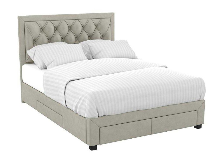 Cama Em Veludo | Vente-unique Cama Com Gavetas 140 X 200 Cm Tecido Veludo Champagne + Colchao - Leopold