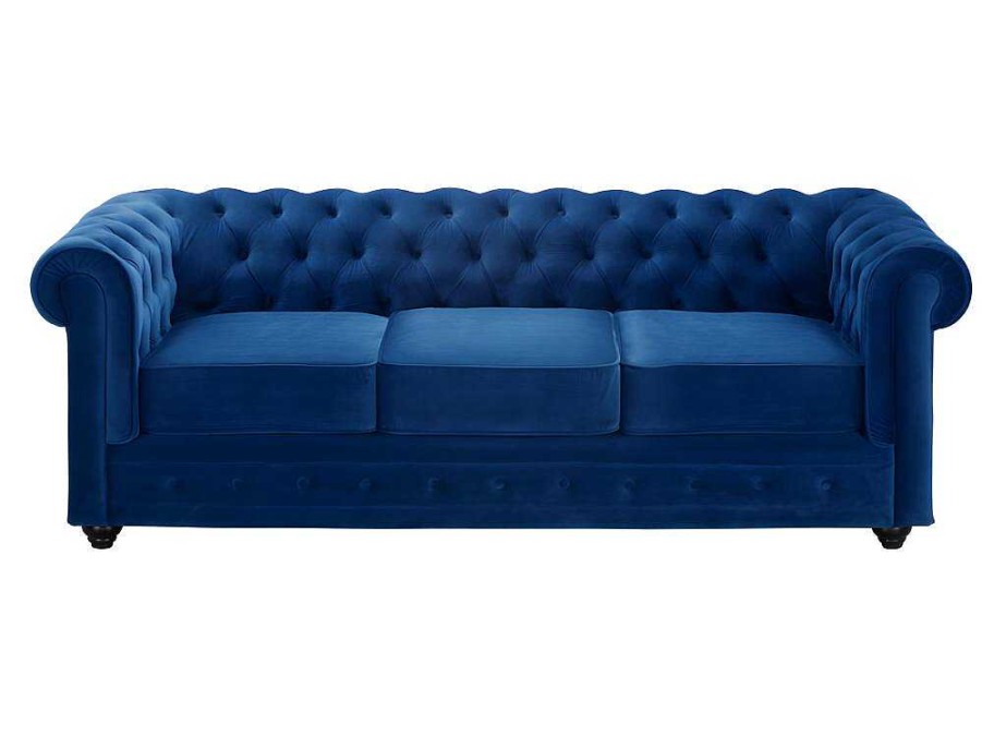 Conjunto Sofa E Poltrona | Vente-unique Sofa De 3+2+1 Lugares Em Veludo Cor Azul Real - Chesterfield