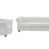 Conjunto Sofa E Poltrona | Vente-unique Sofa De 3 Lugares E Poltrona Em Pele De Bufalo - Branco - Chesterfield