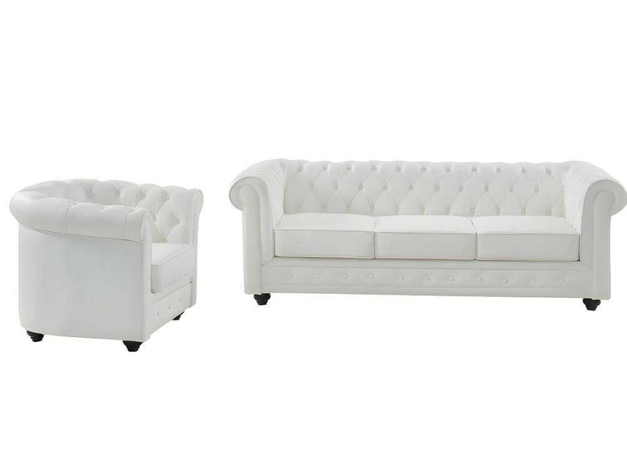 Conjunto Sofa E Poltrona | Vente-unique Sofa De 3 Lugares E Poltrona Em Pele De Bufalo - Branco - Chesterfield