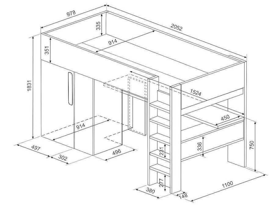 Cama Alta | Vente-unique Cama Alta De 90 X 200 Cm Com Guarda-Roupa E Secretaria Cor-De-Rosa E Branco - Nicolas