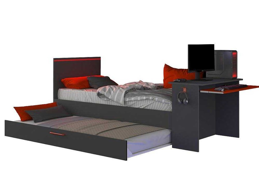 Cama Dupla | Vente-unique Cama Dupla Gamer 2 X 90 X 200 Cm Com Secretaria E Leds Antracite E Vermelho - Vouani