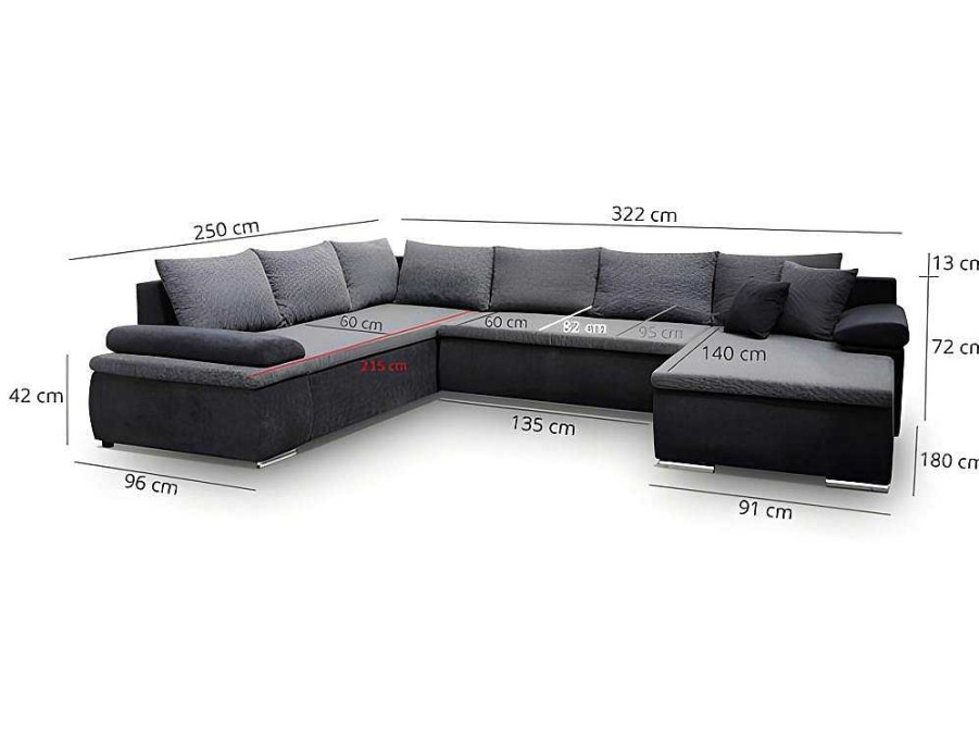 Sofa | Vente-unique Sofa De Canto Panoramico Convertivel Em Cama E Reversivel Em Pele Sintetica E Tecido Bicolor Preto E Cinzento - Dakota