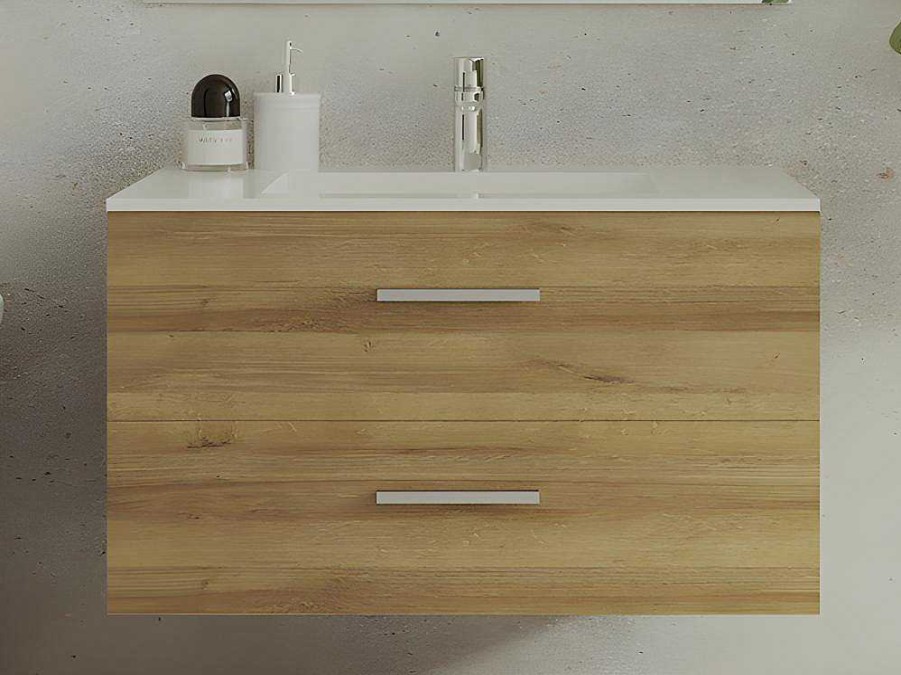 Movel Lavatorio Individual | Vente-unique Movel De Casa De Banho Suspenso Com Lavatorio Individual, Cor Clara Natural, 80 Cm - Kayla