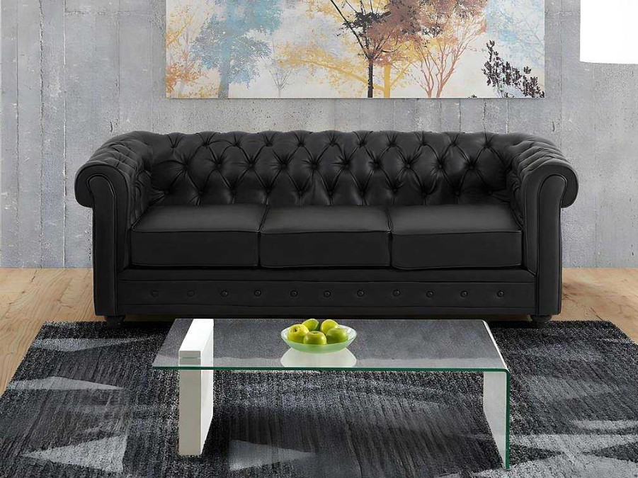 Sofa Em Pele Sintetica | Vente-unique Sofa De 3 Lugares Em Pele Sintetica Preto - Chesterfield