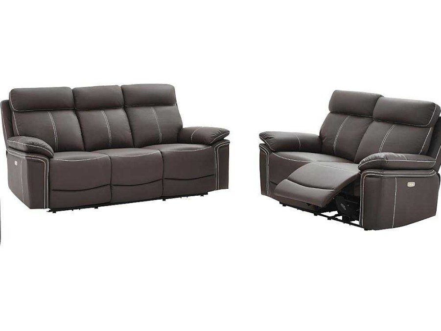 Conjunto De Sofa | Vente-unique Sofa De 3+2 Lugares Relax Eletrico Em Pele Marrom - Isiris