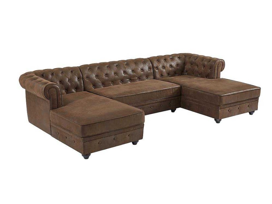 Sofa Panoramico | Vente-unique Sofa De Canto Panoramico Microfibra Aspeto Couro Envelhecido - Chesterfield