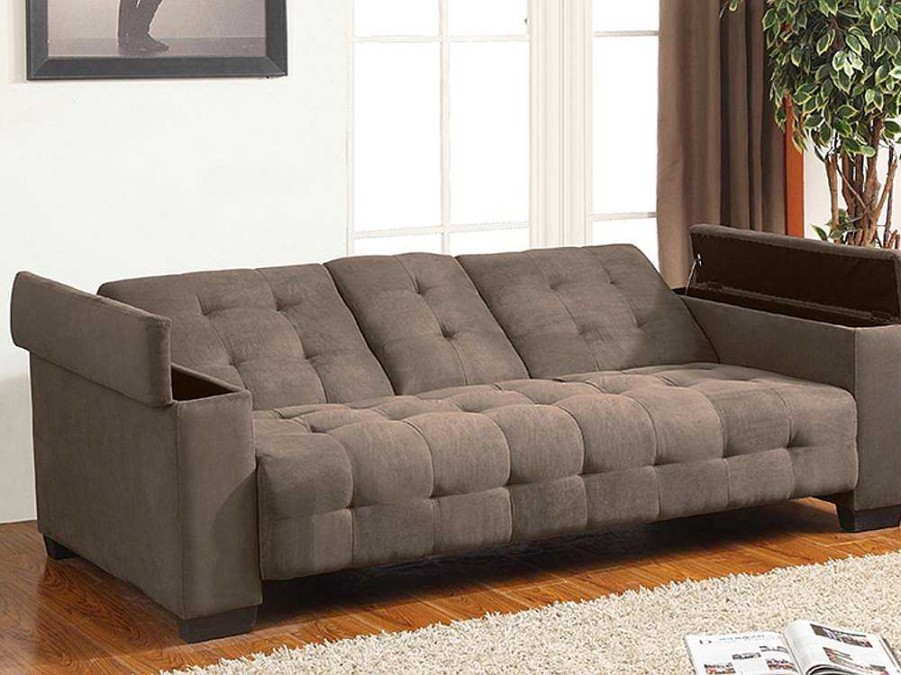 Sofa Cama Clic-Clac E Dobravel | Vente-unique Sofa Cama Clic Clac De 3 Lugares Em Microfibra Com Mesinha De Centro Rebativel Castanho - Devonshire