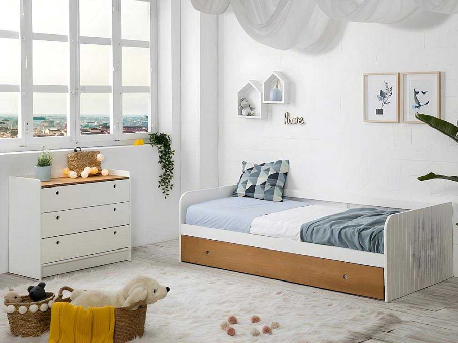 Cama Dupla | Vente-unique Cama Dupla Banco 2X90X190 Cm Mdf Branco E Cerejeira + Colchoes - Juliette