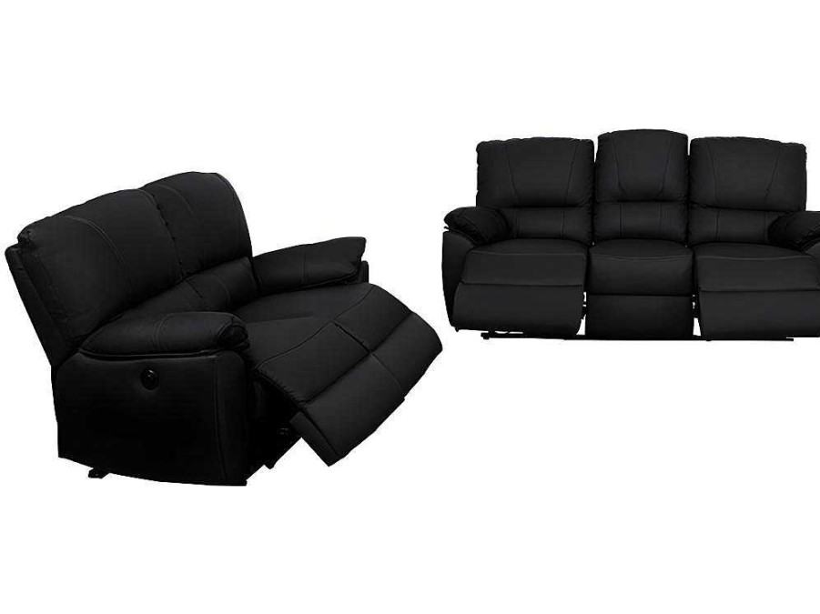 Conjunto De Sofa | Vente-unique Sofa De 3+2 Lugares Relax Eletrico Em Pele Preto - Marcis