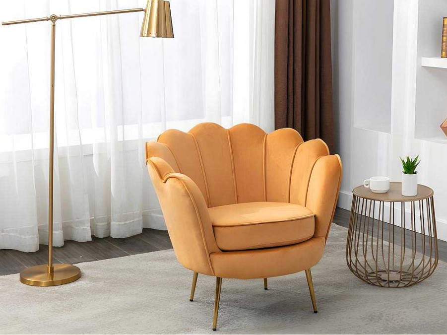 Conjunto Sofa E Poltrona | Vente-unique Conjunto Sofa De 2 Lugares E Poltrona Concha Em Veludo Amarelo-Mostarda Dandelion