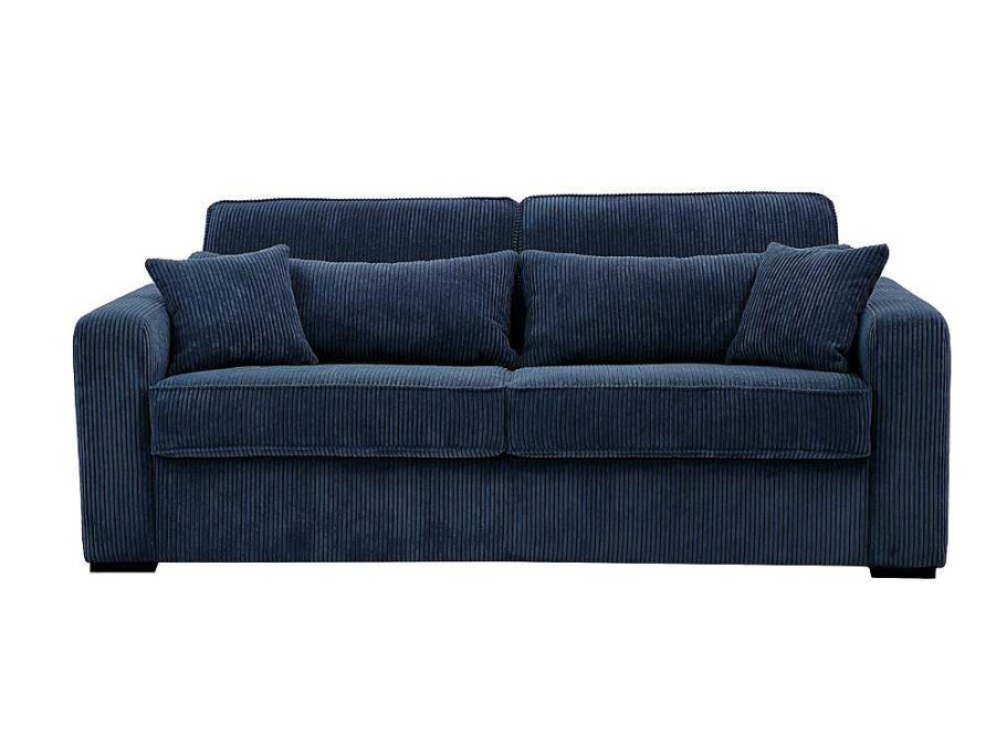 Sofa Cama De Abertura Rapida | Vente-unique Sofa De 4 Lugares Convertivel Abertura Rapida Veludo Canelado Azul, Cama De 160 Cm, Colchao De 18 Cm - Mondovi