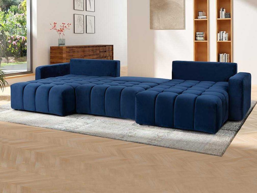 Sofa Panoramico | Vente-unique Sofa De Canto Direito Panoramico Convertivel Veludo Azul-Escuro - Esilia Ii