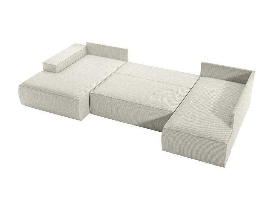 Sofa Panoramico | Vente-unique Sofa De Canto Panoramico Grande Esquerdo Convertivel Veludo Canelado Bege - Amelia