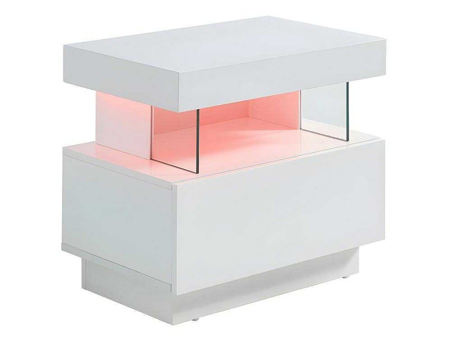 Mesa De Cabeceira | Vente-unique Cabeceira Fabio - Mdf Lacado Branco - Leds - 1 Gaveta E 1 Nicho