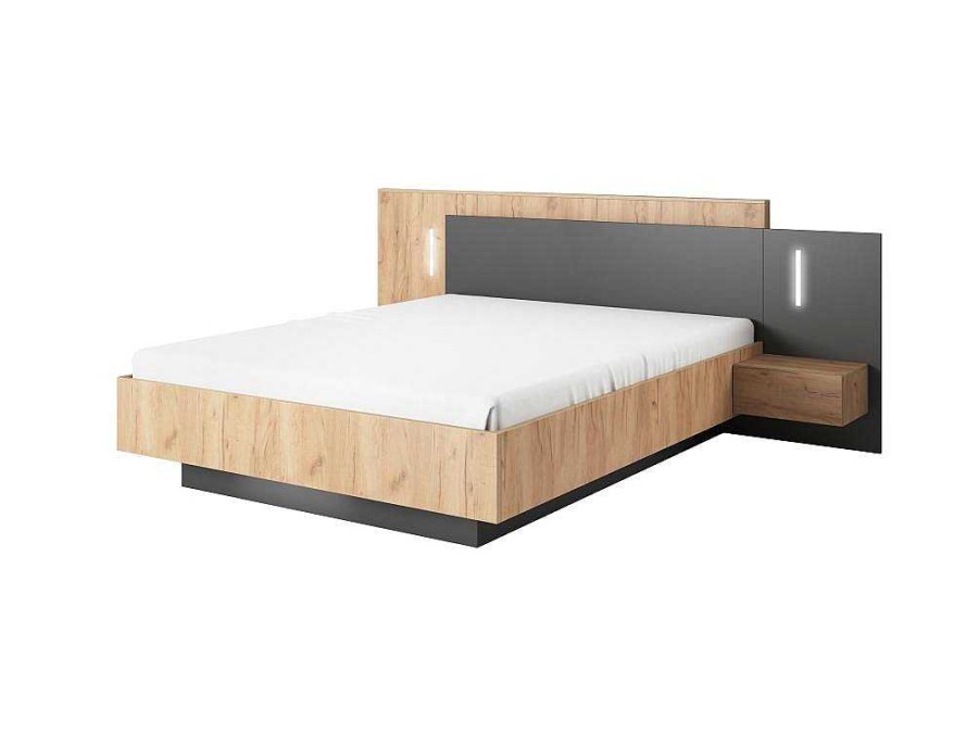 Cama De Adulto | Vente-unique Cama Com Arrumacao E Mesas De Cabeceira 160 X 200 Cm, 2 Gavetas, Com Leds, Natural E Antracite - Francoli