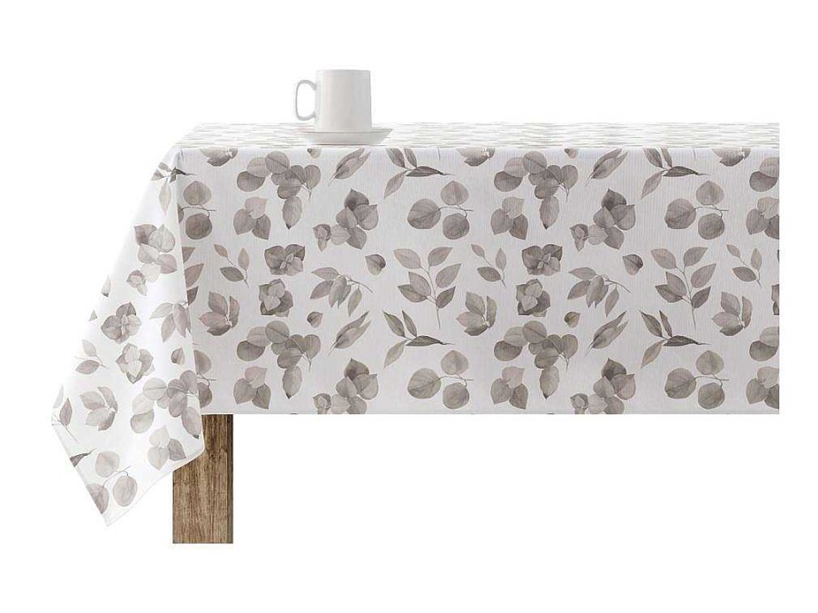 Texteis De Mesa | Purline Nappe Anti-Taches 100% Coton 1 Piece Blanc A Feuilles Grises 250X140