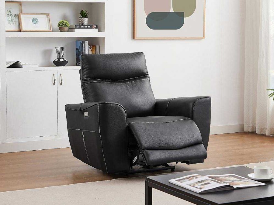 Conjunto Sofa E Poltrona | Vente-unique Sofa De 3 Lugares E Poltrona Articulados Eletricos Em Couro De Vaca Preto - Damon