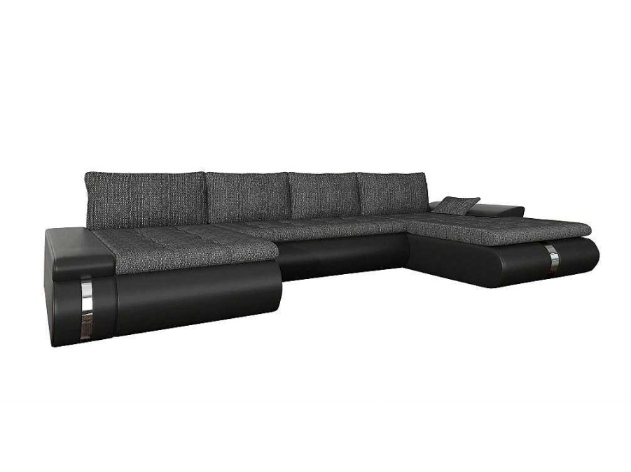 Sofa Panoramico | Vente-unique Sofa De Canto Panoramico Convertivel E Reversivel Em Tecido E Pele Sintetica Preto E Antracite - Azelma Ii