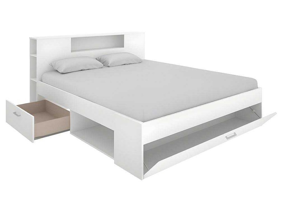 Cama De Adulto | Vente-unique Cama Com Cabeceira De Arrumacao E Gavetas Disponivel Em Branco - 140X190Cm - Leandre